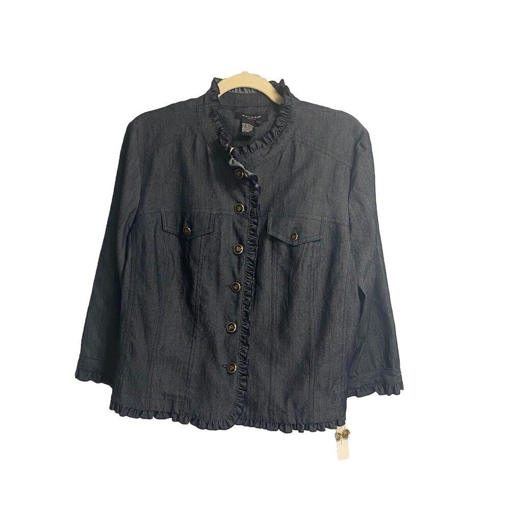 New Sandro Denim‎ Military Style Button Up Ruffle Peplum Jacket Size Large